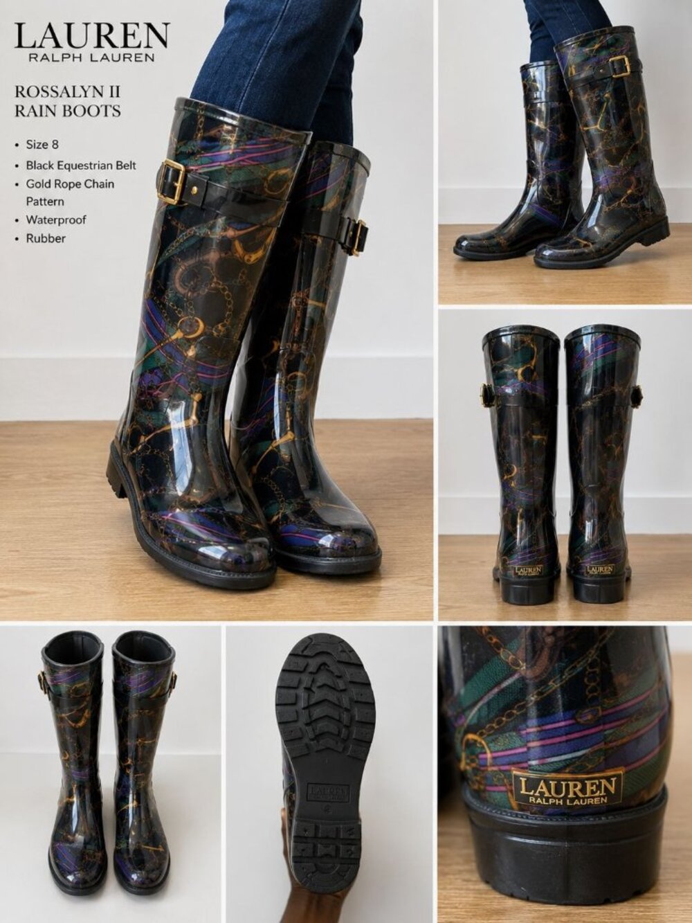 Lauren Ralph Lauren Rossalyn II rain boots black equestrian belt gold rope 8 - Picture 1 of 11